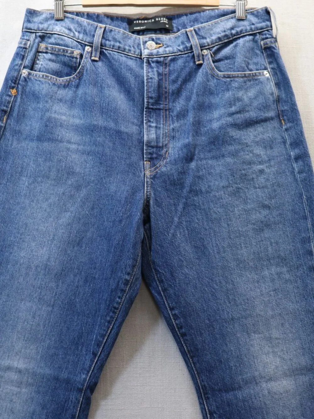 NWT Veronica Beard Keane High Rise Long Straight Leg Jeans Blue 32 Front Slit